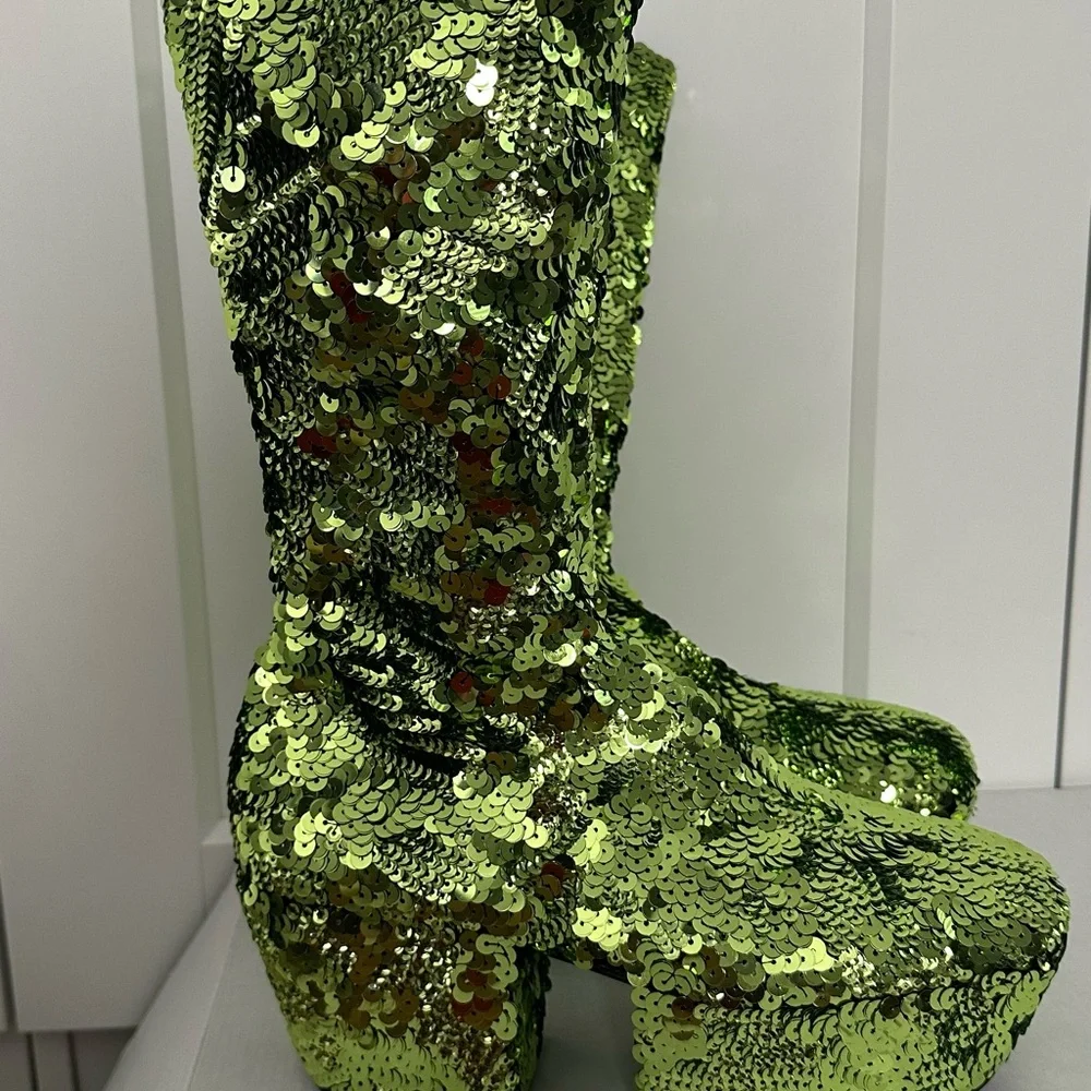 Prada Green Sequined Platform Boots - Picture 9 of 12